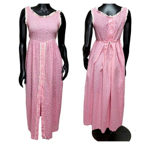 Vintage 80s 90s Pink Linen Cottagecore Prairie Sun Dress Sheer Floral Pattern - Picture 1 of 10